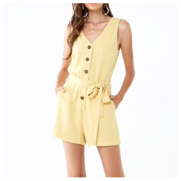 Pants - Belted Linen Blend Mustard Romper